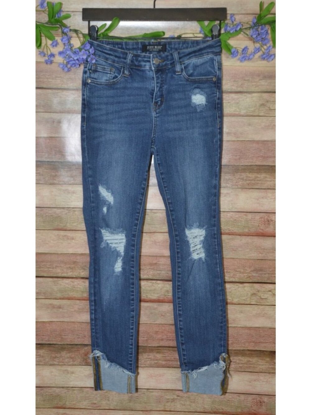 Judy Blue Skinny Jeans Ladies 3 26 Distressed Stretch Denim Pants Raw Cuffed Hem